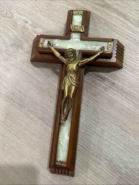 Vintage Mother Pearl Wood Crucifix Last Rites Sick Catholic Cross candle water